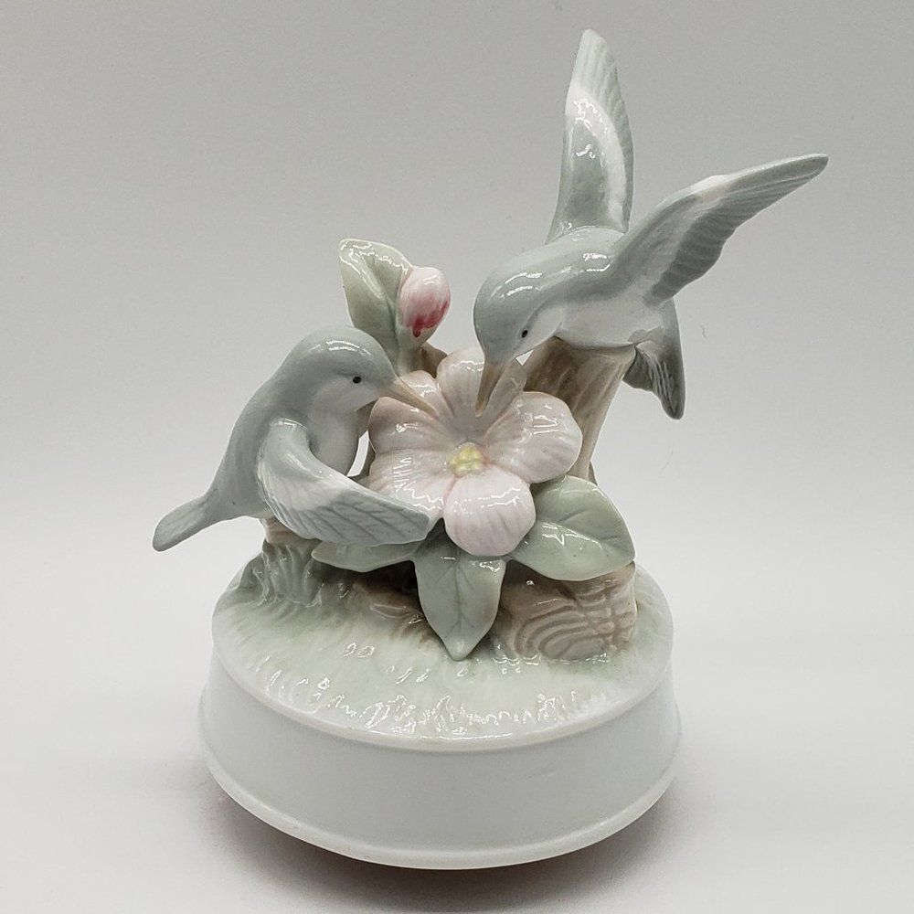 Porcelain Grey White Humming Birds on Branch Flower Love Story Music Box-Vintage
